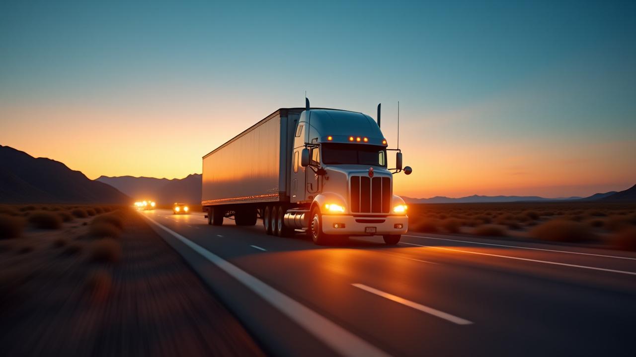 Expedited freight truck moving fast on Arizona highway during sunset