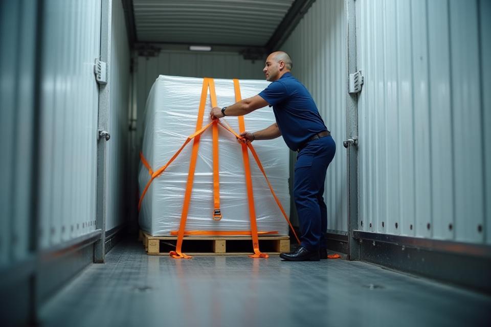 Professional AJ's Veteran Movers loadmaster securing palletized cargo in a trailer